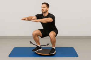 Kniebeuge halten auf Balanceboard/Matte