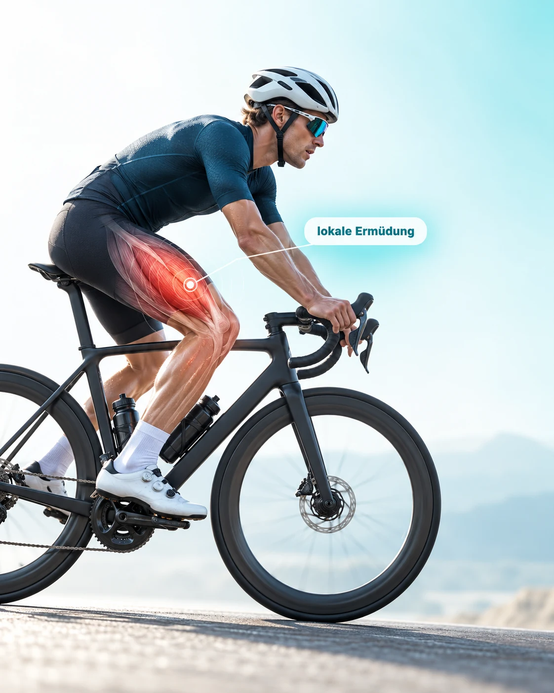 Radsportler unter hoher Belastung mit hervorgehobenem Quadrizeps und Hinweis auf lokale Ermüdung